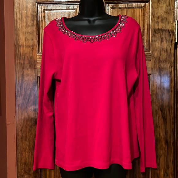 Karen Scott Red Beaded Cotton Long Sleeve - Picture 1 of 5